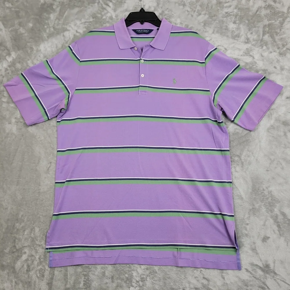 Polo Golf Ralph Lauren Large Purple Green Striped Short Sleeve Polo Shirt Casual